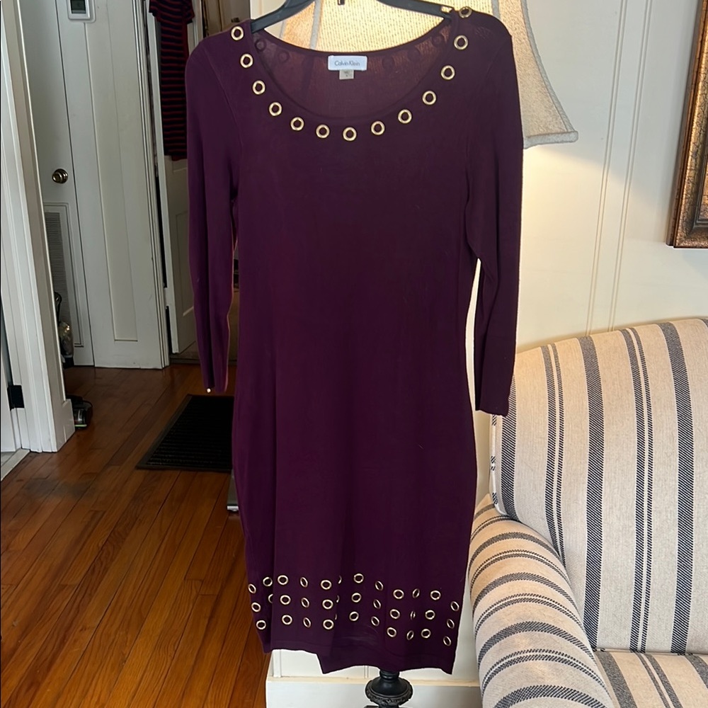 Calvin Klein Purple Sheath Dress Long Sleeve Scoop Neck
